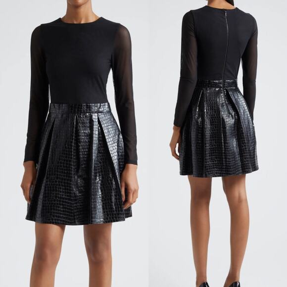 Alice and Olivia Chara Faux Leather Party Dress Pleated Skirt Mini Black Sheer - Picture 1 of 7